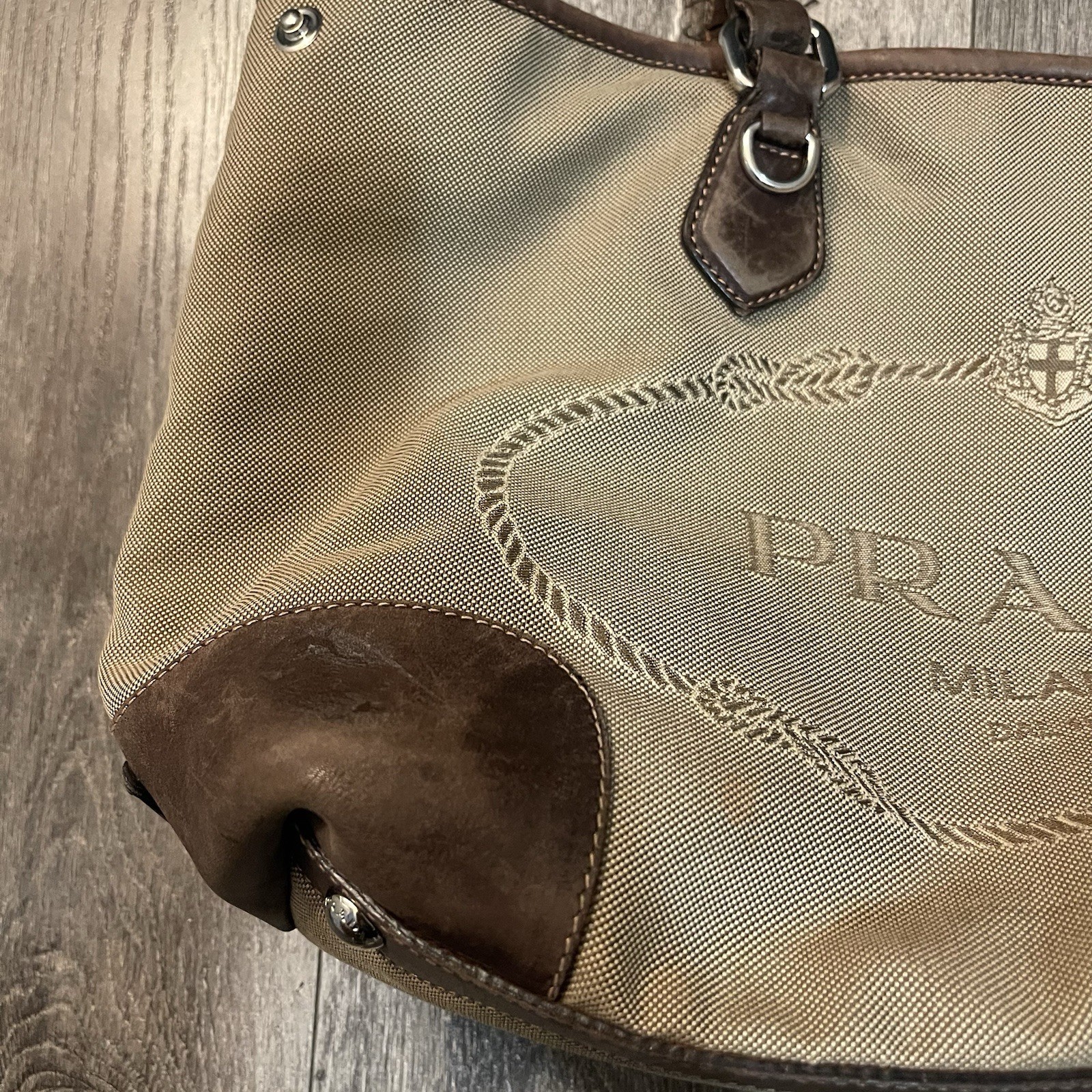 Prada Tote Bag Canvas Leather Beige Brown Silver Hardware Logo Shoulder Purse