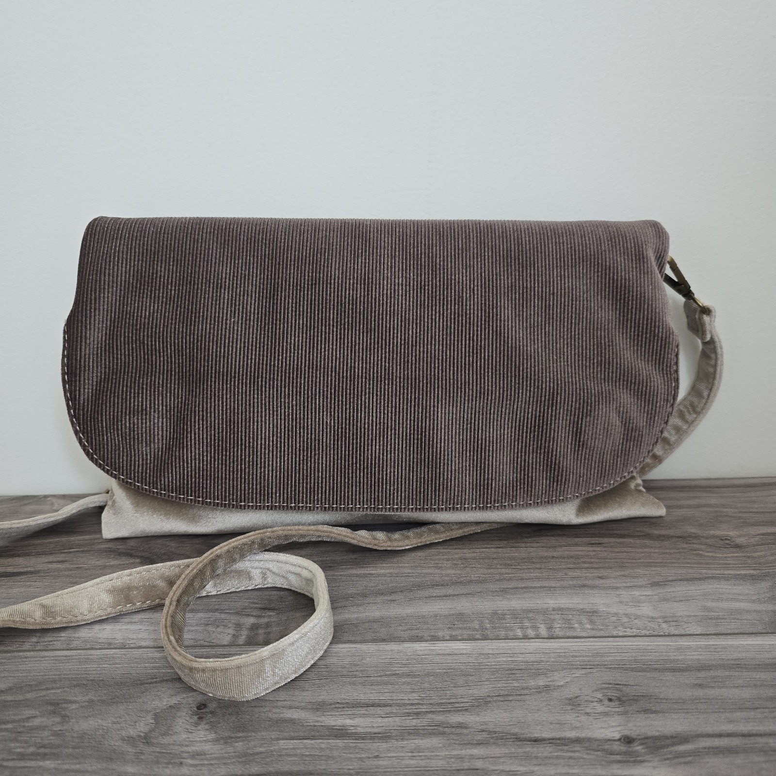 Anthropologie Fold Over Purse Brown Tan Case Bag Velvet Crossbody Adjustable