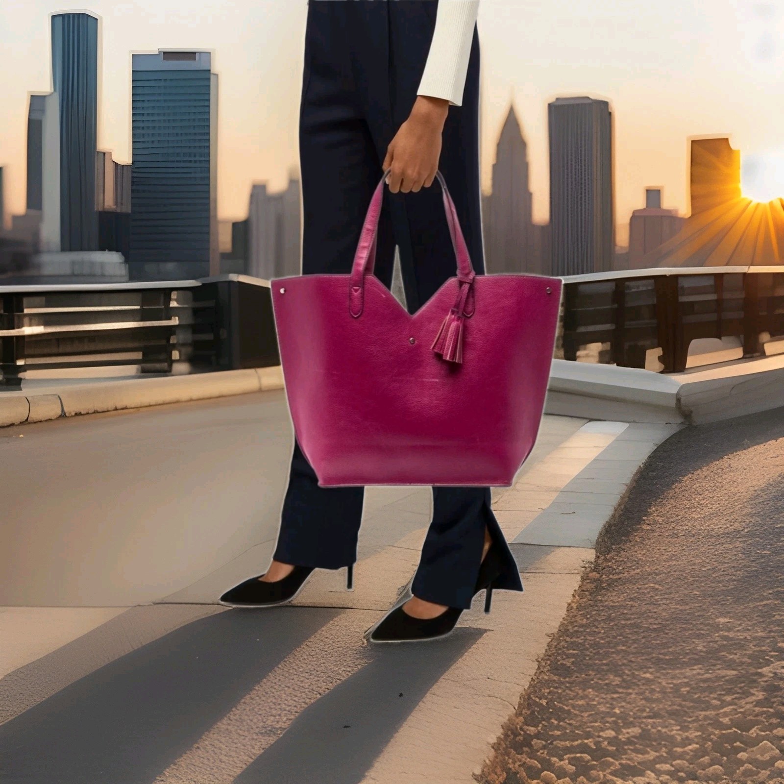 Neiman Marcus Fuchsia Pebbled Vegan Leather Large Tote Bag Tassel Shoulder Purse