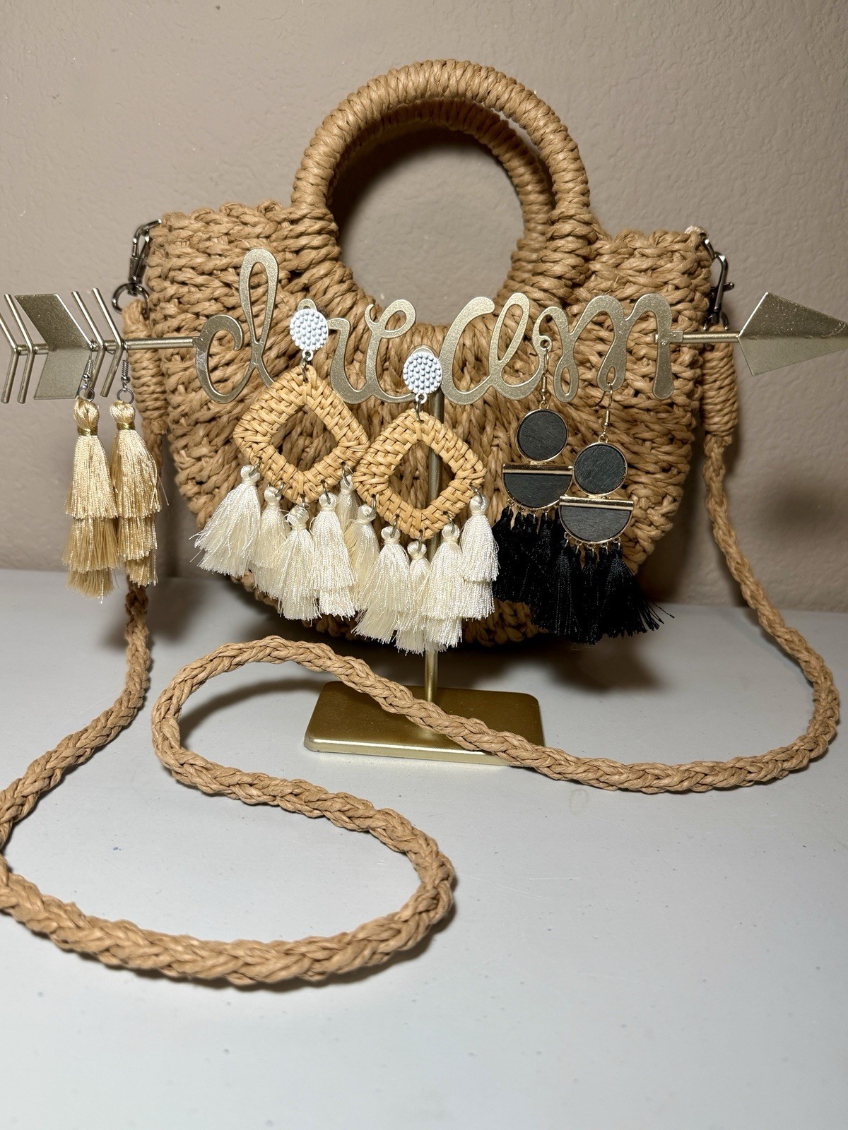 Straw Hobo Crossbody Beach Purse Weave with Three Pairs of Earrings Dream Stand