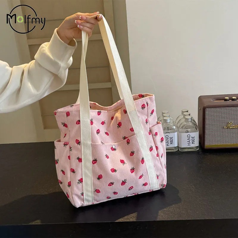 Women’s Corduroy Shoulder Tote Bag – Sweet Strawberry Style, Casual & Cute