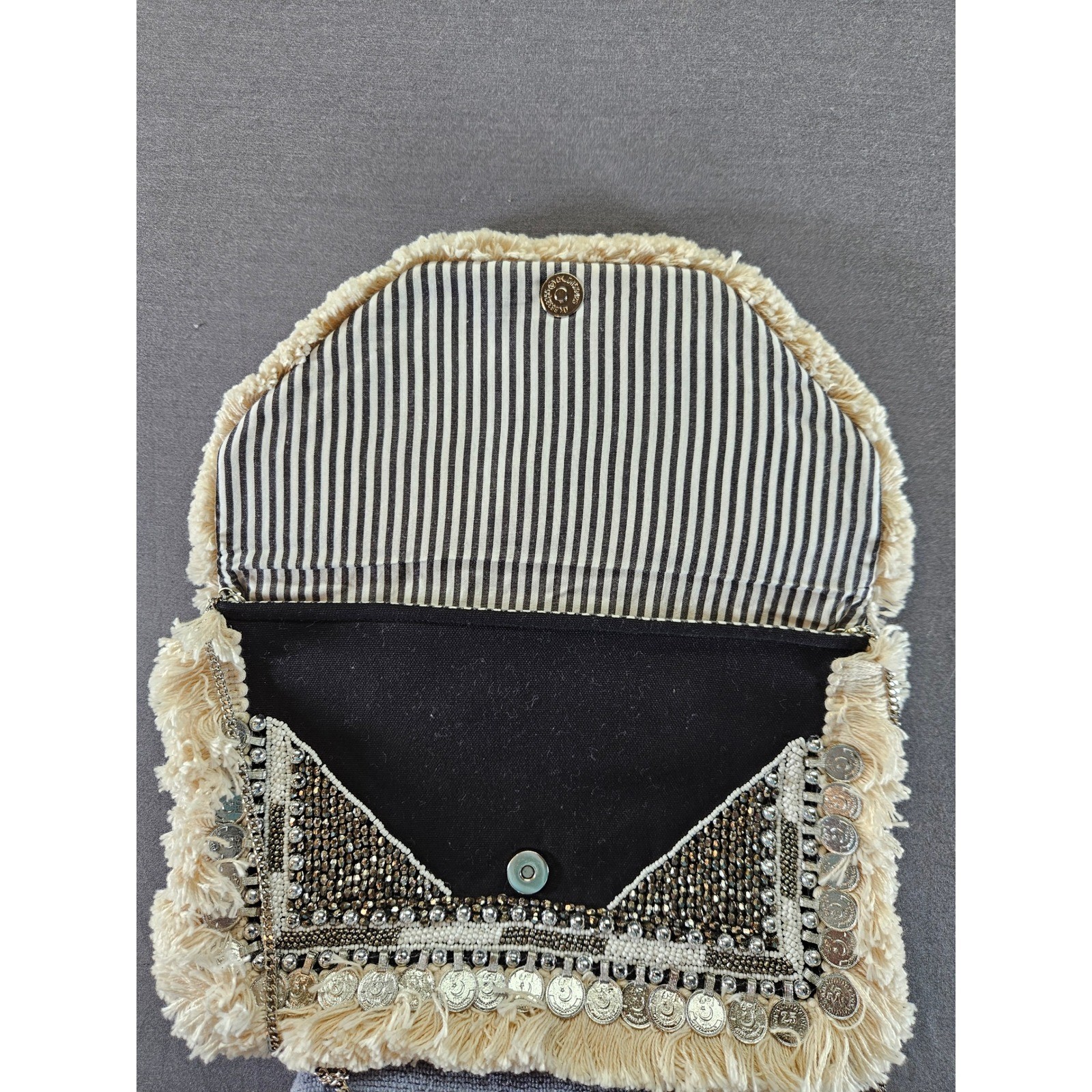 Lulus Black Boho Coin Fringe Beaded Crossbody Bag Silver Chain Strap (sku 138)
