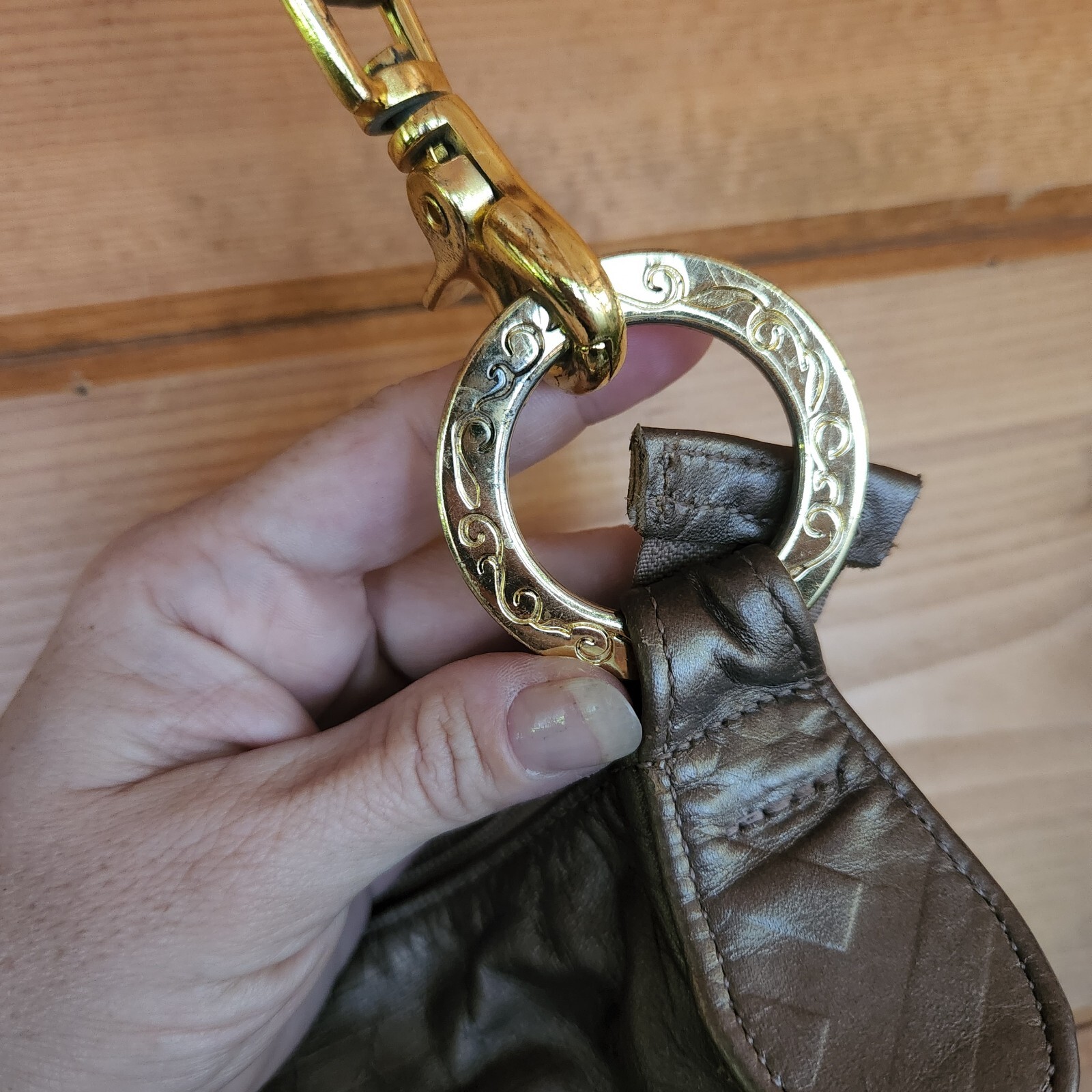 Andre Oliver Vintage Leather Shoulder Bag Purse Metallic Bronze Gold Emboss Geo
