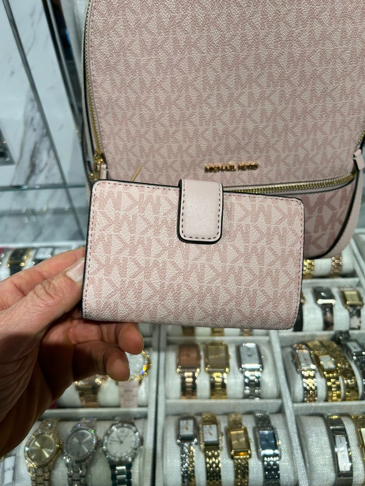Michael Kors Rhea Medium Backpack Women PVC Bag + Bifold Wallet Set Powder Blush