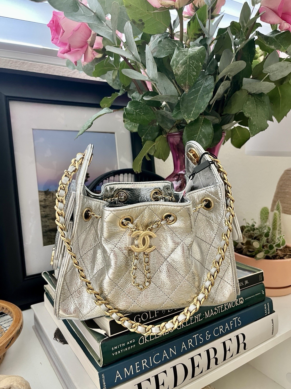 CHANEL 25 Mini Silver Metallic Quilted Shoulder Bag Gold Chain Drawstring + Card