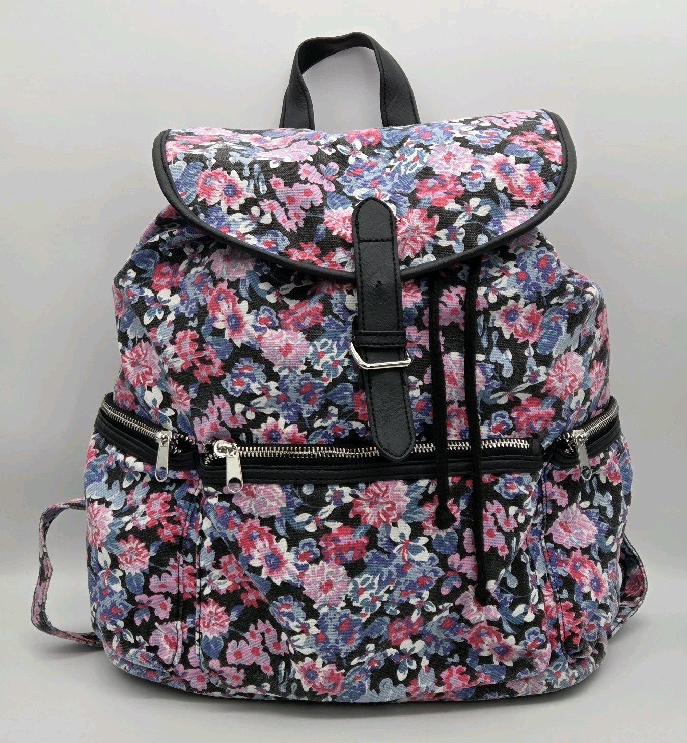 Candie’s Nicole Backpack Purse Floral Black With Pink & Blue Flowers Cargo Pkts