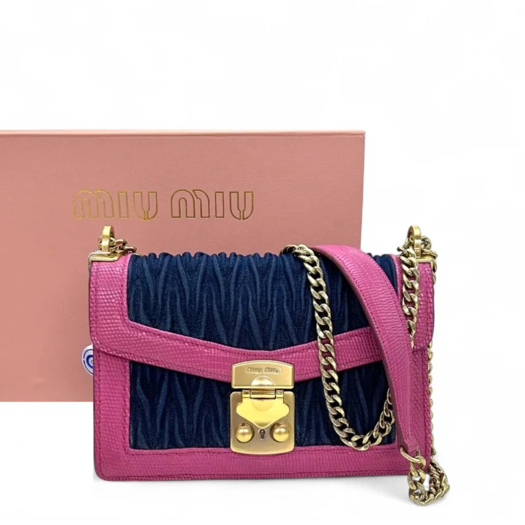 Miu Miu Lizard Embossed Messenger Pink Blue Denim (zz071526c7r)