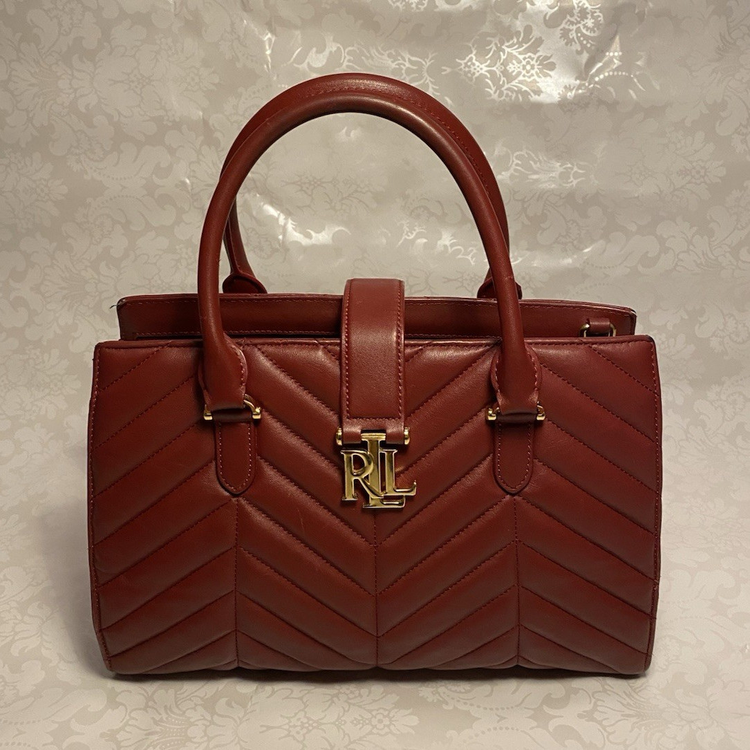 Lauren Ralph Lauren Red Brown Chevron Quilted Logo Top Handle Satchel Zip, Gold