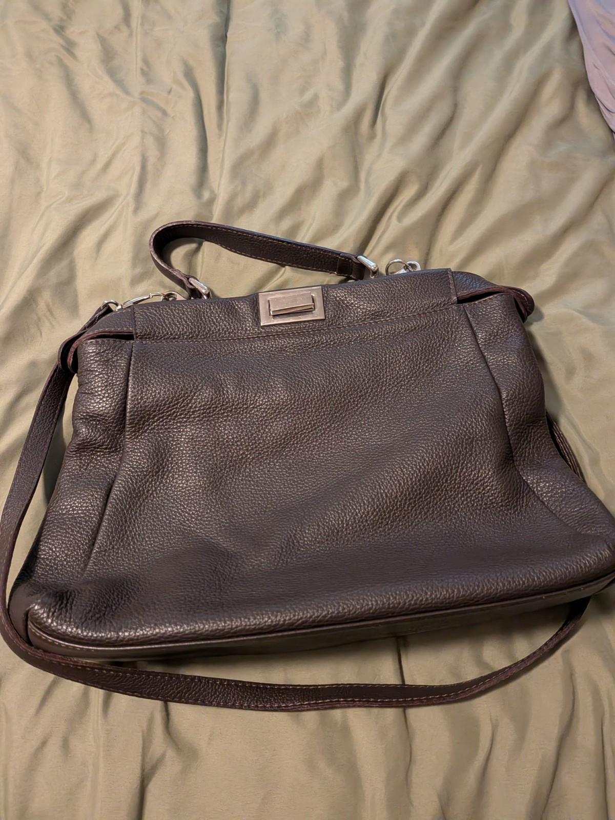 Brown Pebbled Satchel Top Handle Bag Detachable Adjustable Strap Button Close