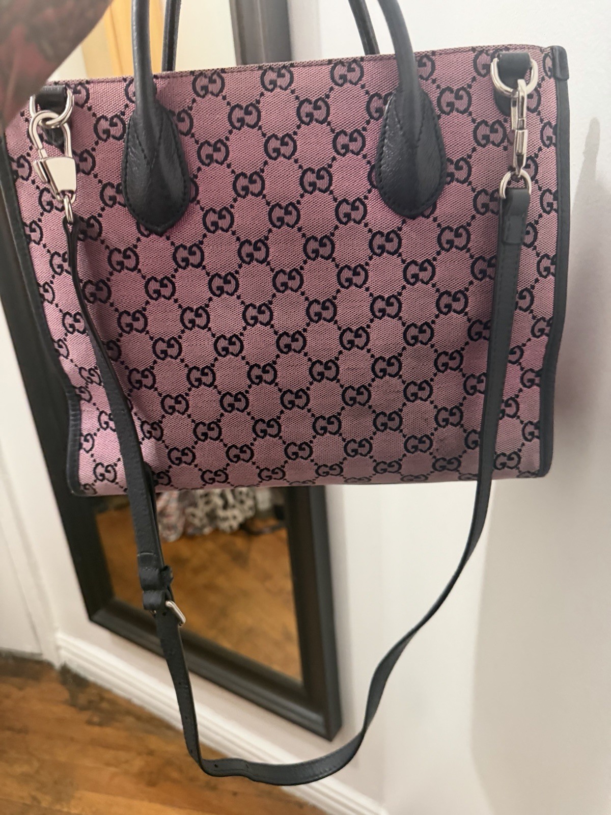 Gucci GG Monogram Pink/Black Medium Tote Bag w/ Adjustable Shoulder Strap