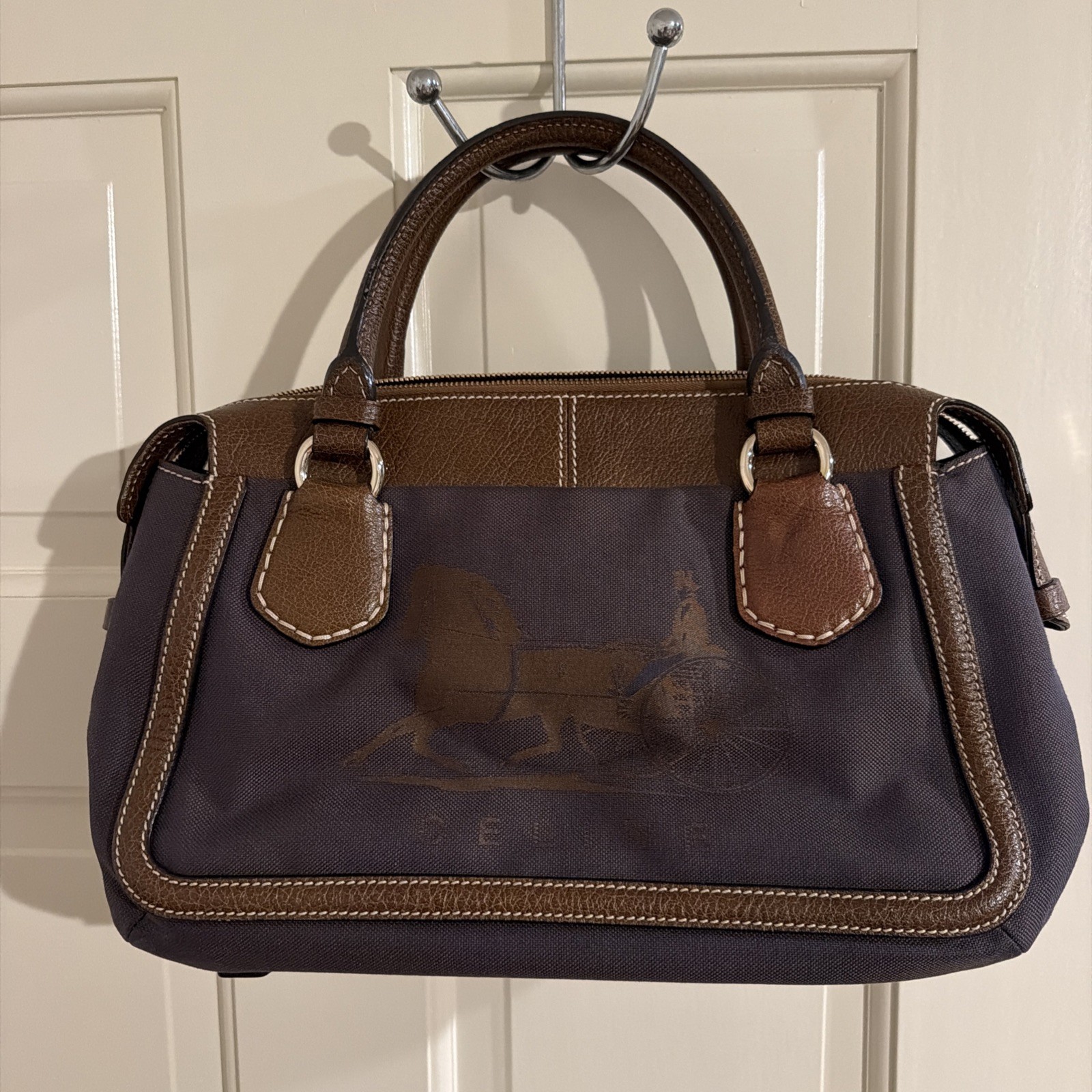 Celine Brown Canvas and Brown Leather Handbag. Zip Closure.