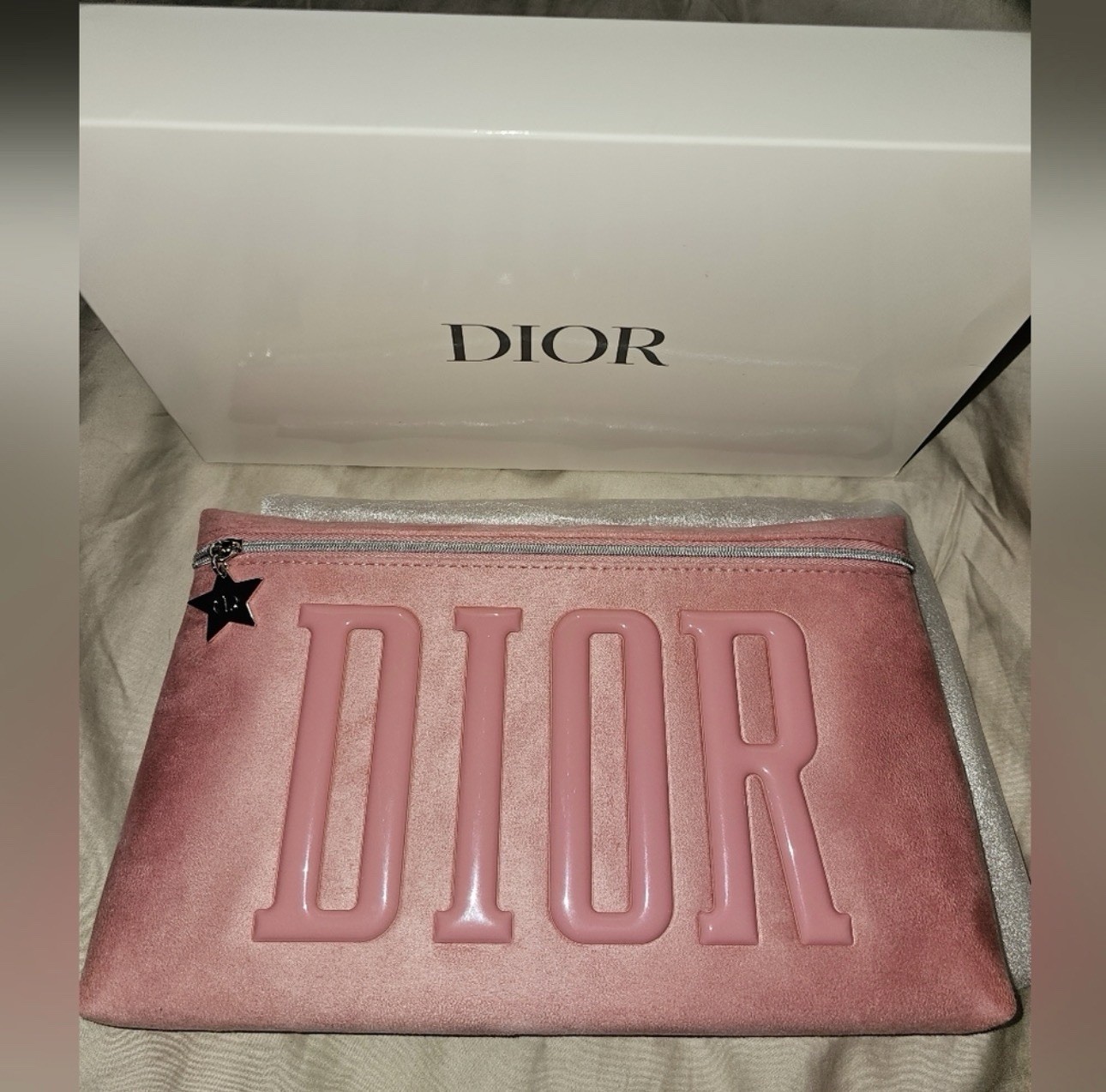 DIOR Pink Suede Pouch/Clutch/Crossbody w/bag Charm & Silver Rhinestone Chain