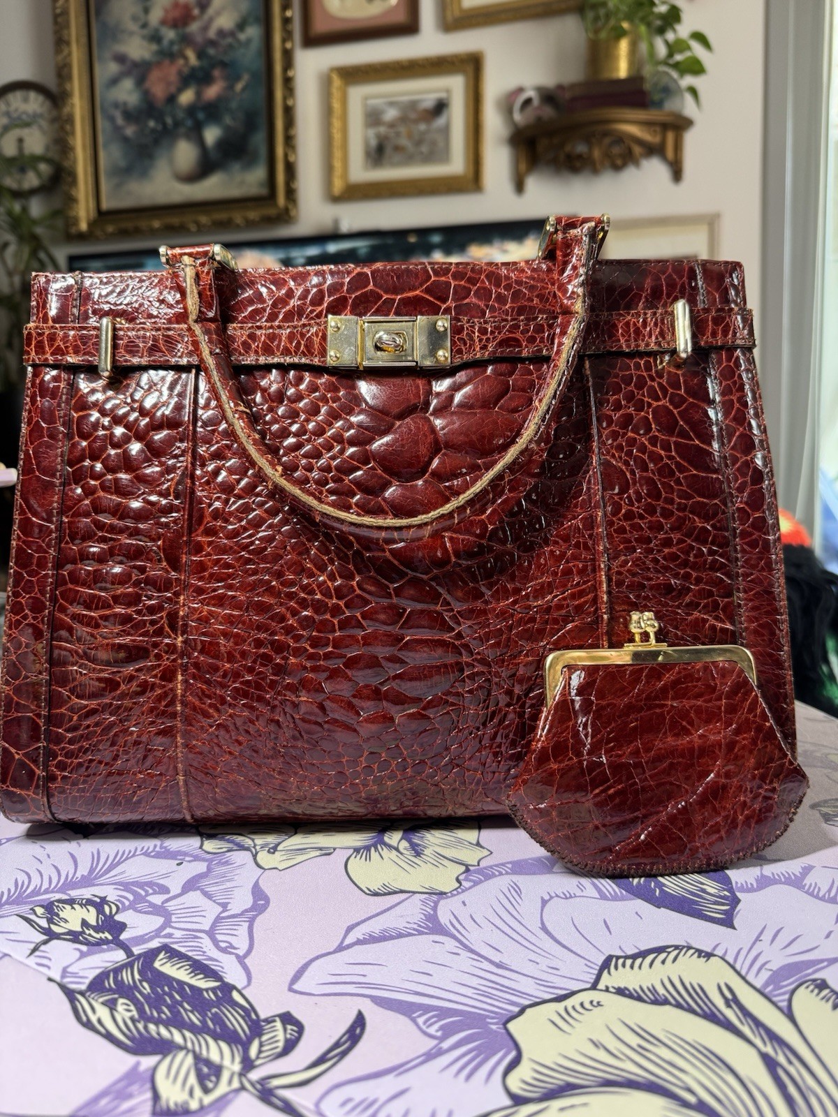 J. Perez Burgundy Croc Pattern Satchel Top Handle Turn Lock Gold Hardware Key