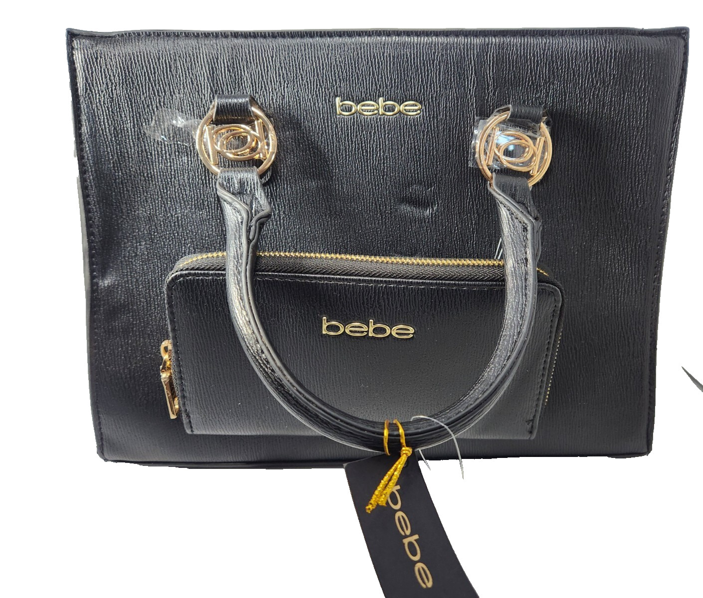 Bebe Sarah Black And Gold Satchel Cross Body Purse Removable Straps & Wallet New
