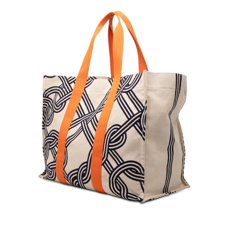 Hermes Nuage Marin Tote Bag Hand Beige Orange Navy Cotton Used
