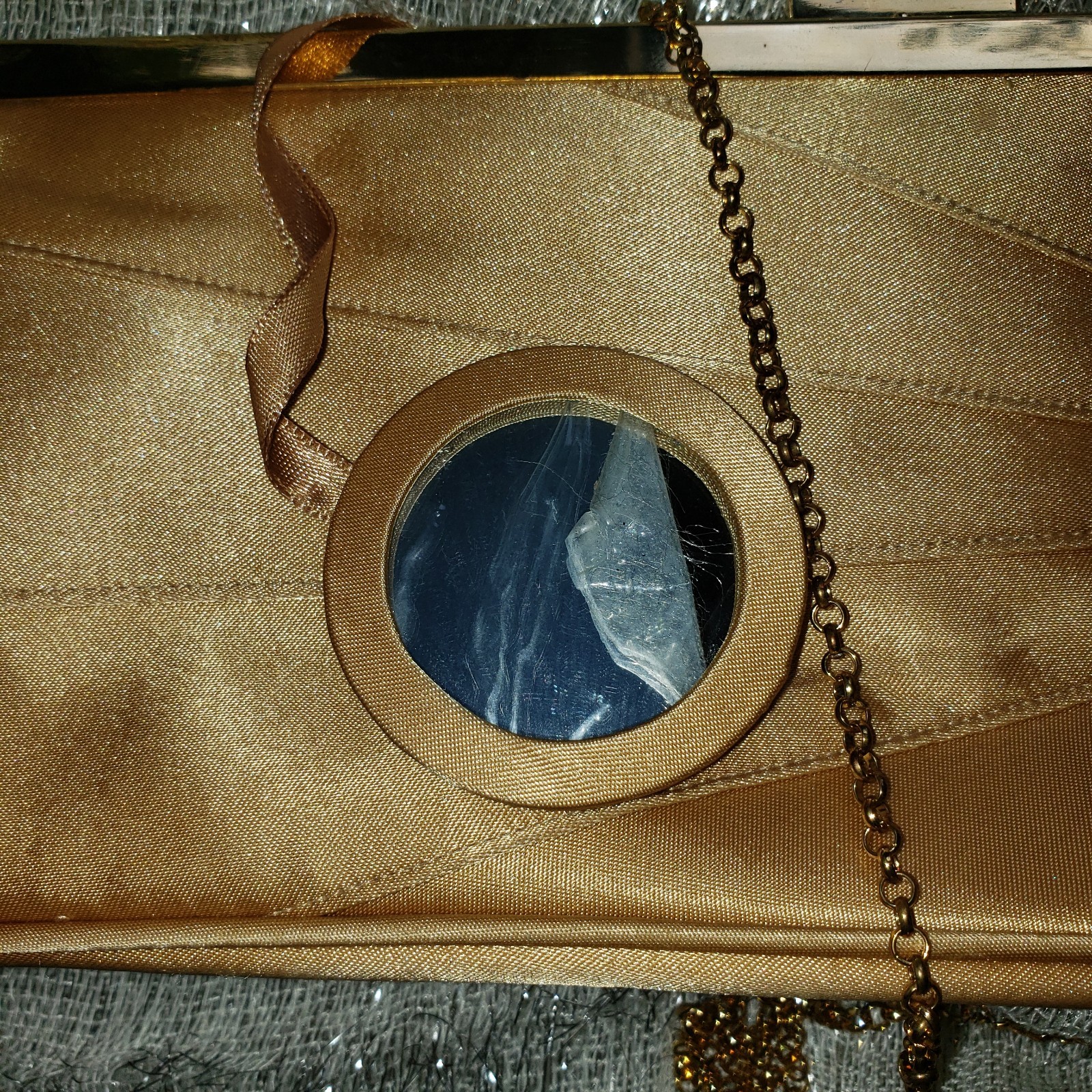 Valerie Stevens Gold Satin Crossbody Evening Bag Round Mirror Vintage
