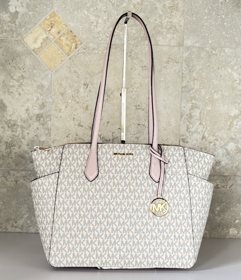 Michael Kors Marilyn Medium Top Zip Shoulder Tote Bag MK Vanilla/Pink