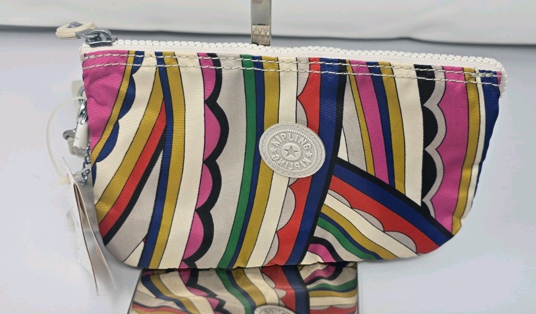 Kipling~ Female Crown stripe Creativity Pouch Wristlet XL 3 Pocket Zipper Monkey