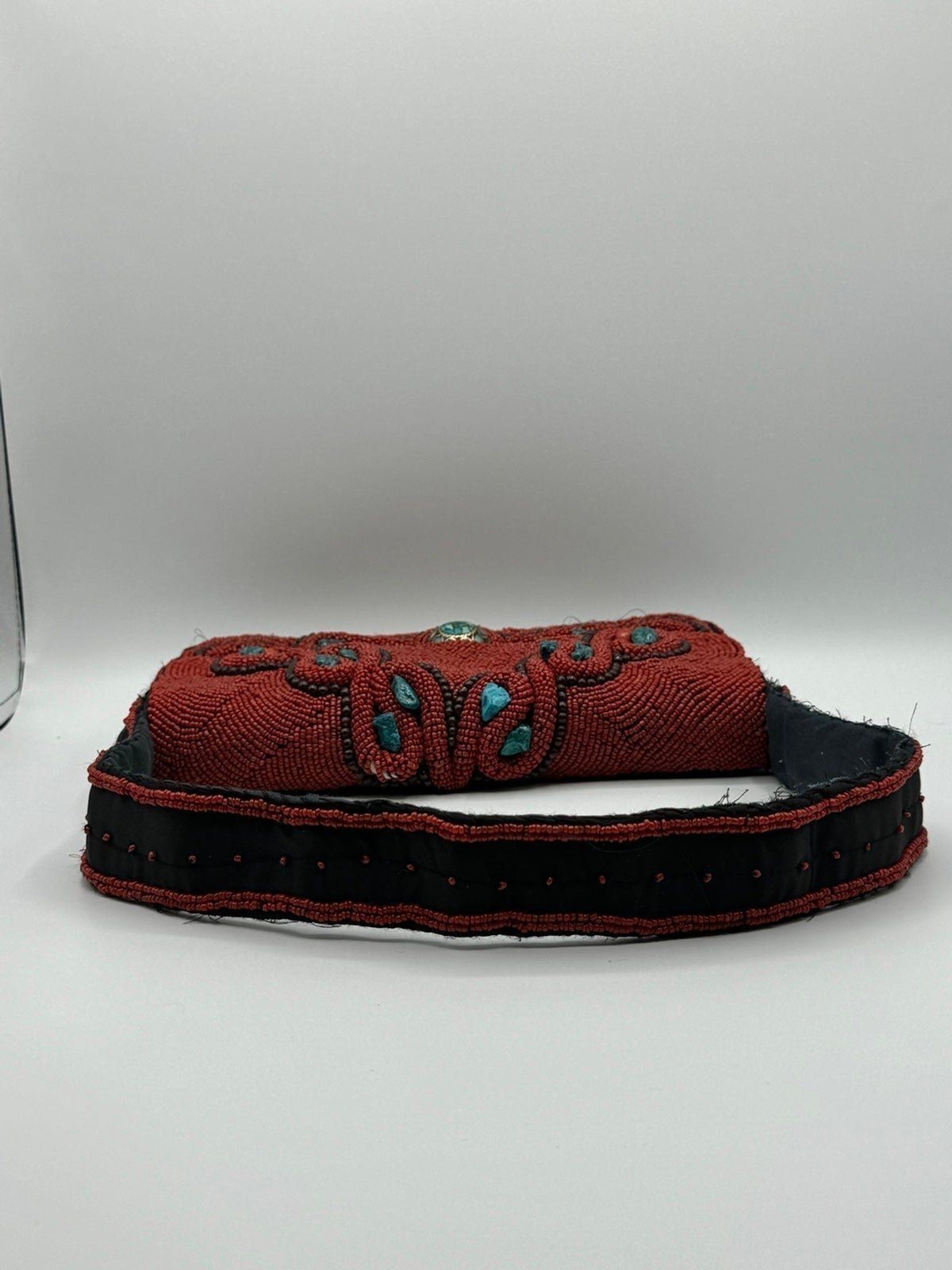 HANDBEADED CORAL AND TURQUOISE SHOULDER BAG MADE BY TIBETAN REFUGEES