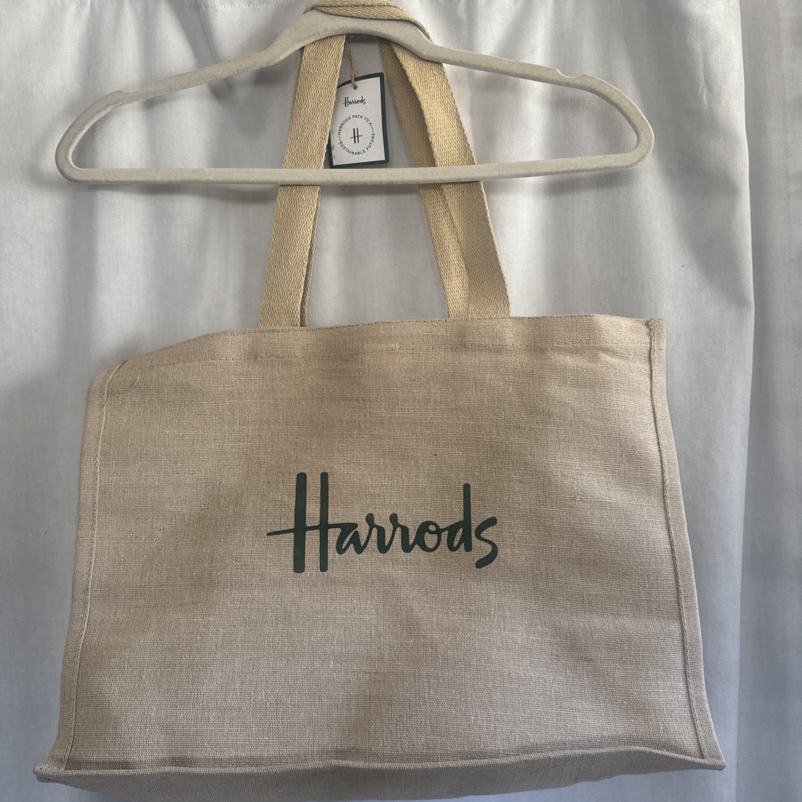 Harrods of London Jute Tote Bag. New with tags, beige with green logo