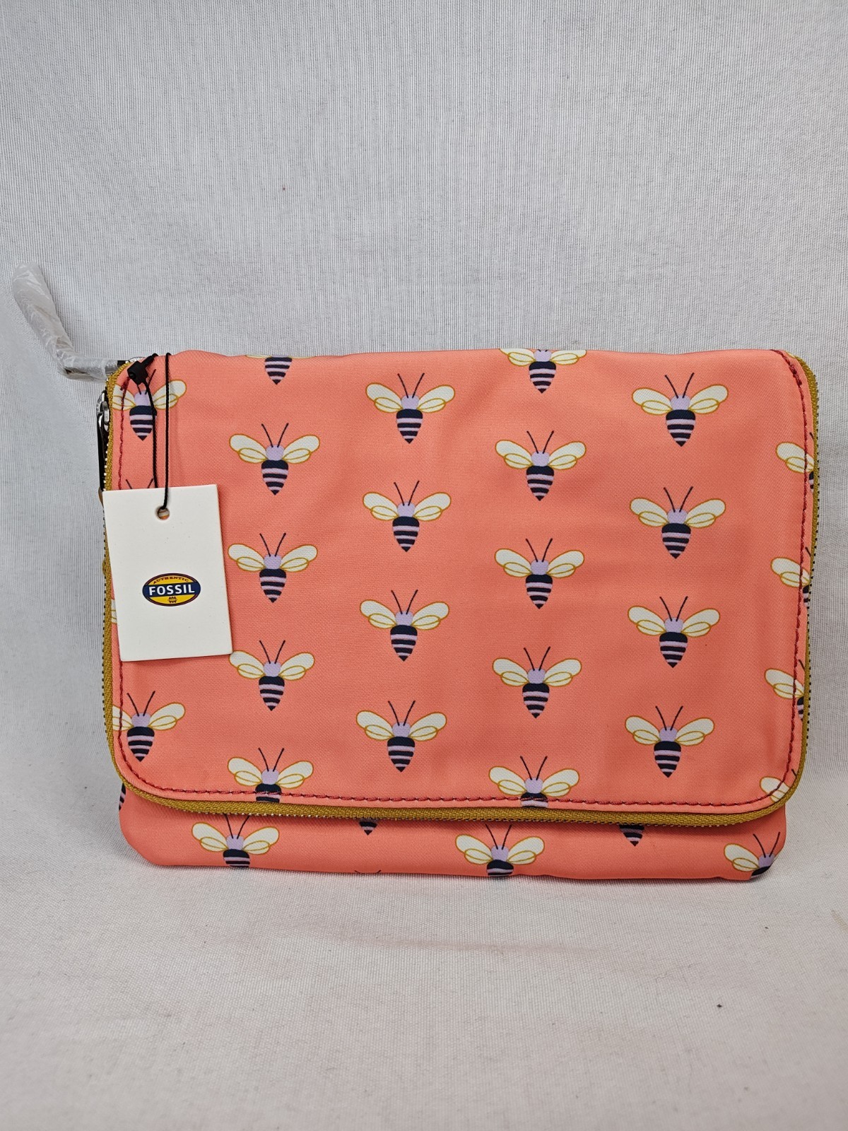 Fossil Keyper Mini Flap Crossbody Bag Pink Multi Bumble Bee Canvas Purse NWT
