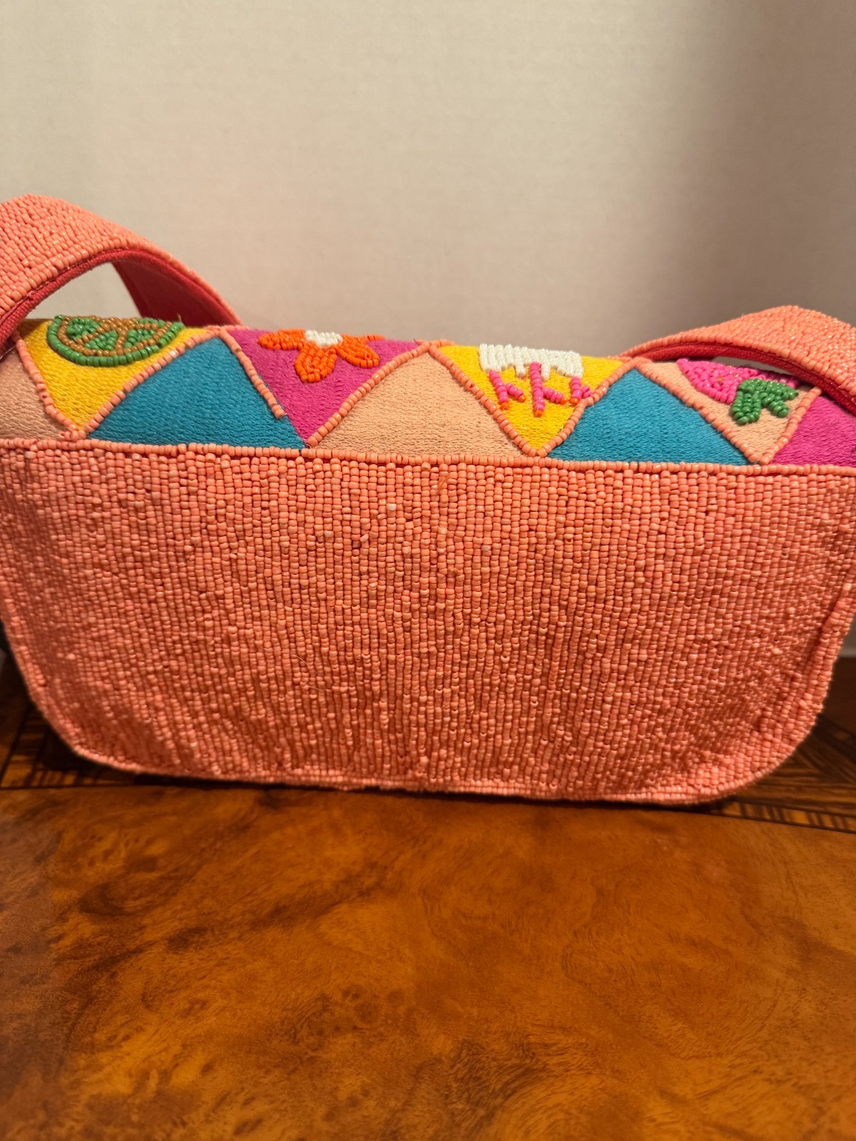 VIRAL NWT Orange Pink Fruit Strawberry Floral Beaded Bag Handmade in India