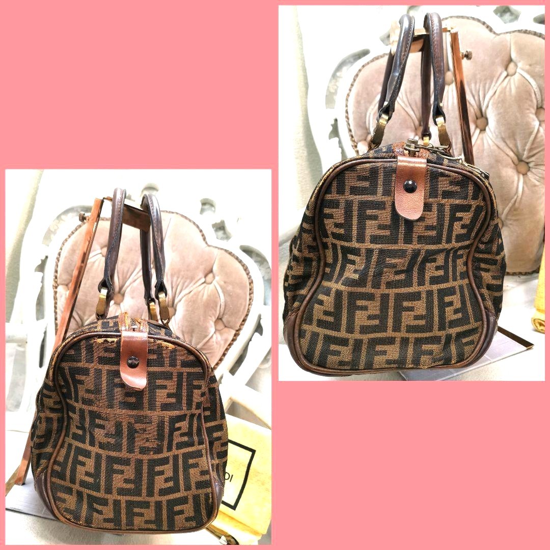 FENDI Zucca FF Monogram Boston Handbag Brown Canvas Leather Vintage Italy 28cm