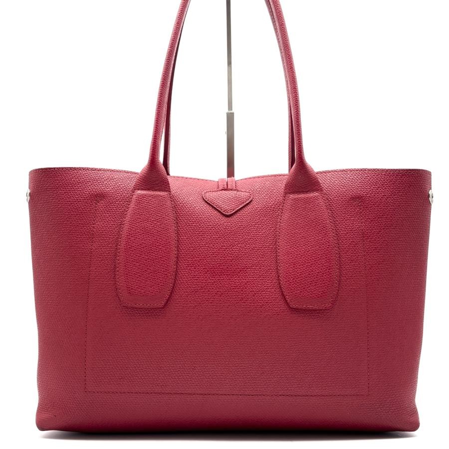 Longchamp Roseau Red Leather Tote Bag A4 Self Standing Silver Toggle Auth