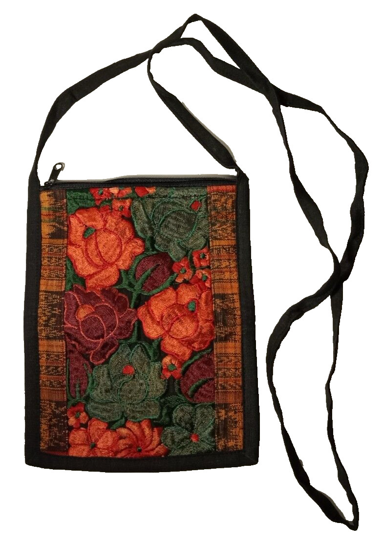 Ethnic Pouch Purse Embroidered Woven Orange Green Brown Black Floral 6.75×8.5 In