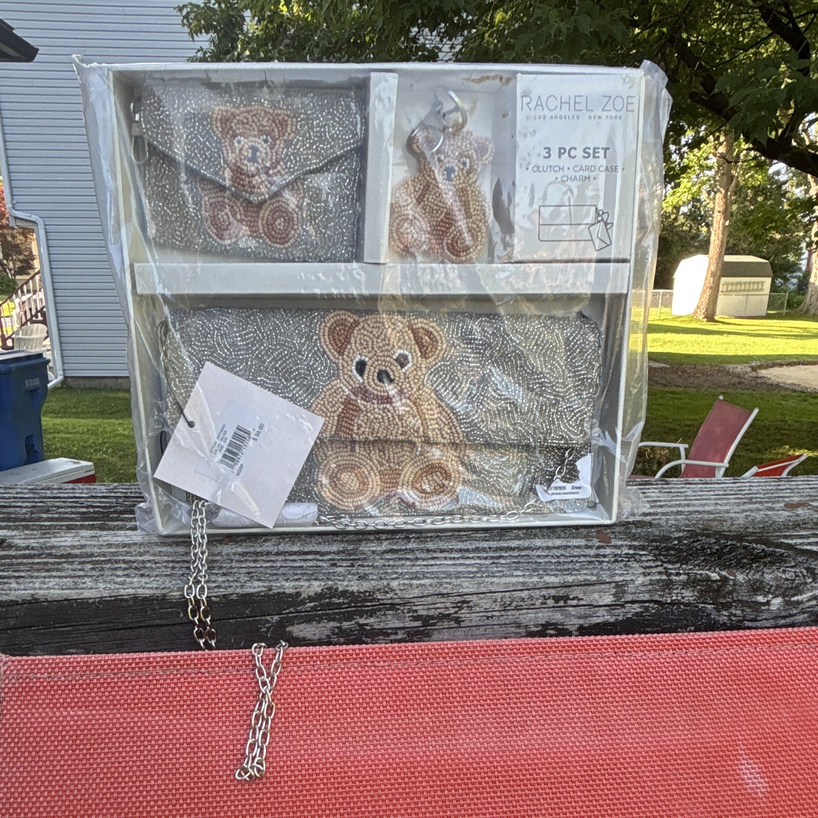 Rachel Zoe 3-Pc Beaded Teddy Bear Clutch w/ Chain Strap, Card Case & Charm