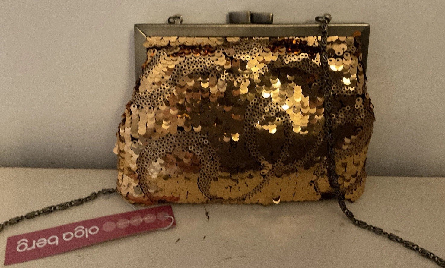 Lovely Olga Berg Antique Gold Tone Sequinned Bag With Tags , Never Used