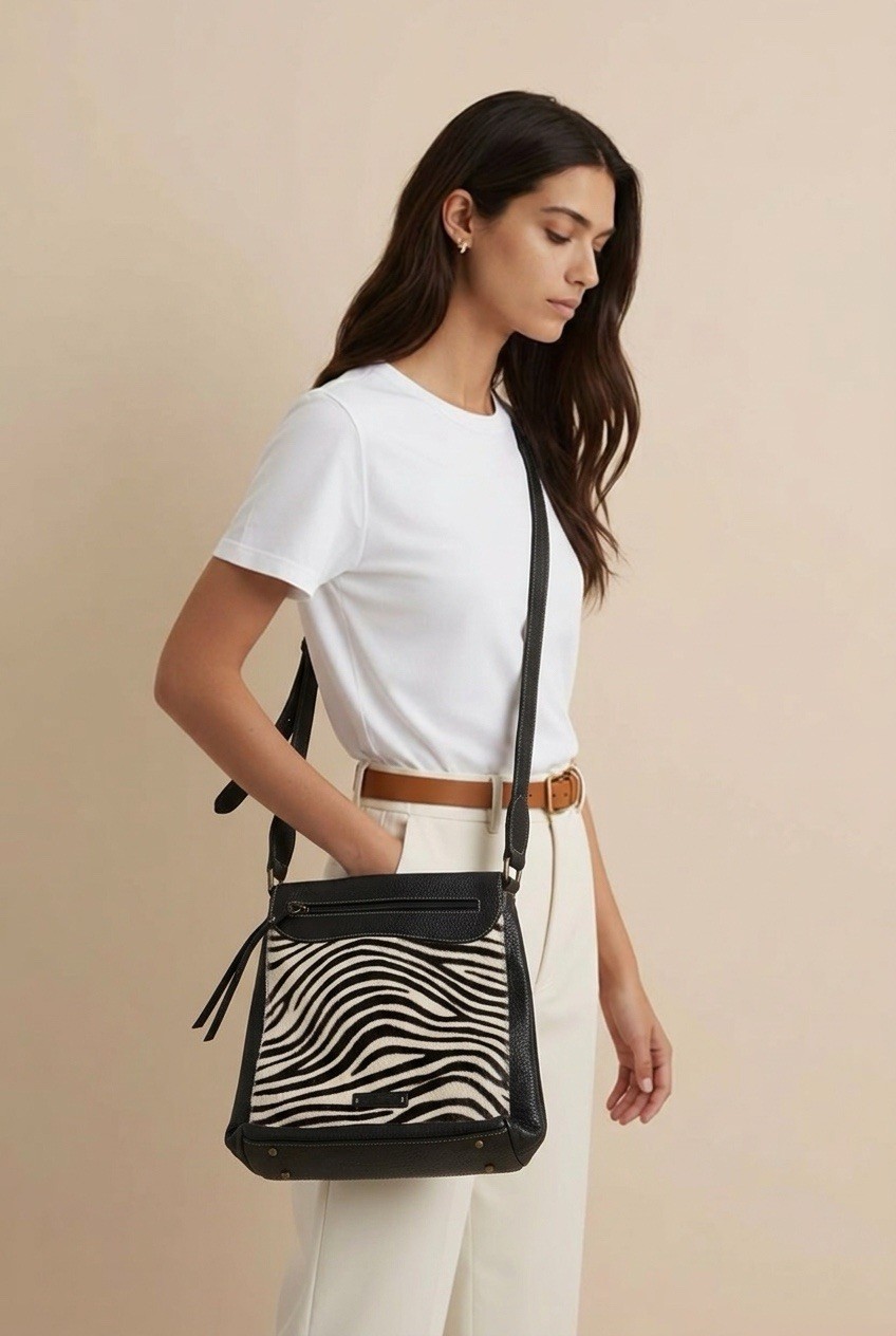 Puntotres Leather Zebra Print Calf Hair Handbag Crossbody Purse Bag Spain ~ EUC