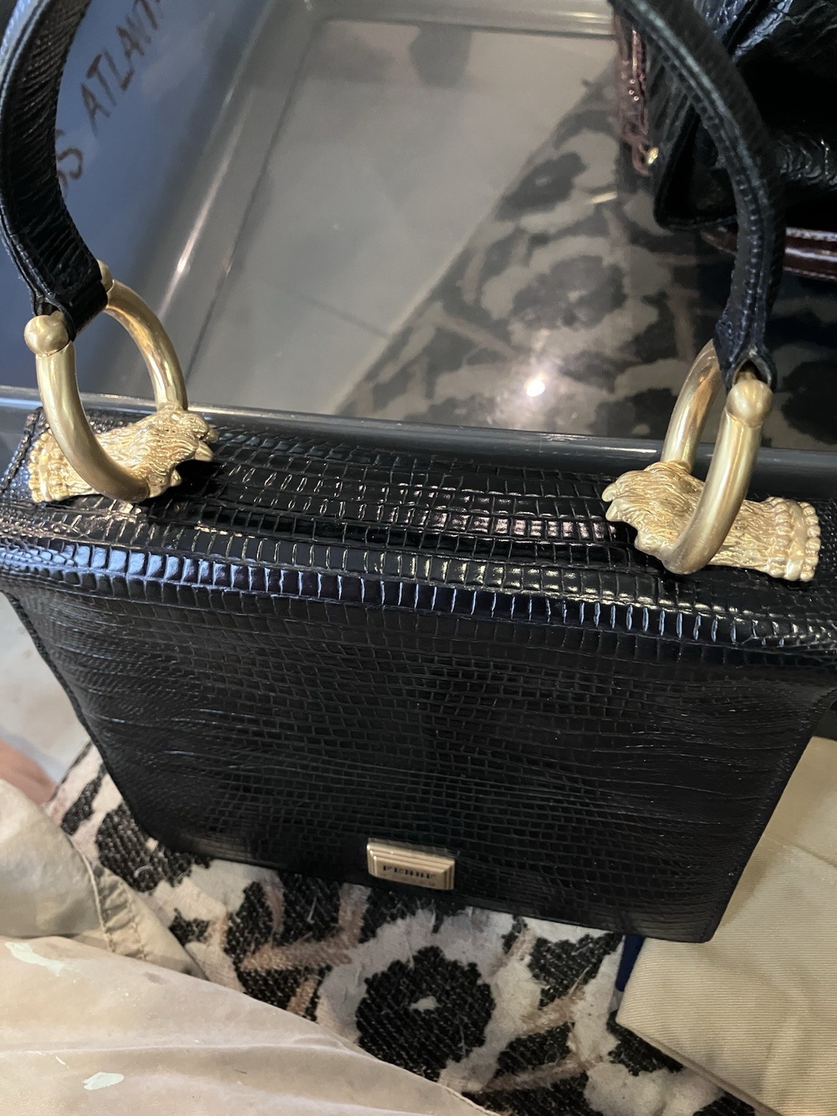 Vintage 80s Gianfranco Ferre Black Lizard Top Handle Gold Lion Paw Bag Italy