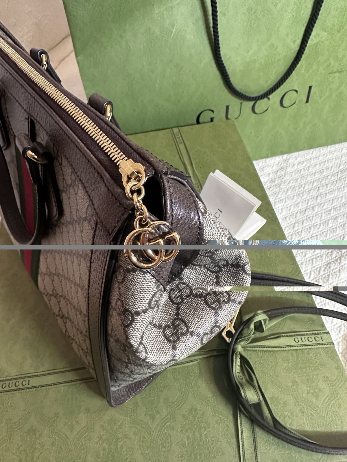 Gucci Ophidia Medium Tote Bag GG Supreme Canvas with Classic Web Stripe