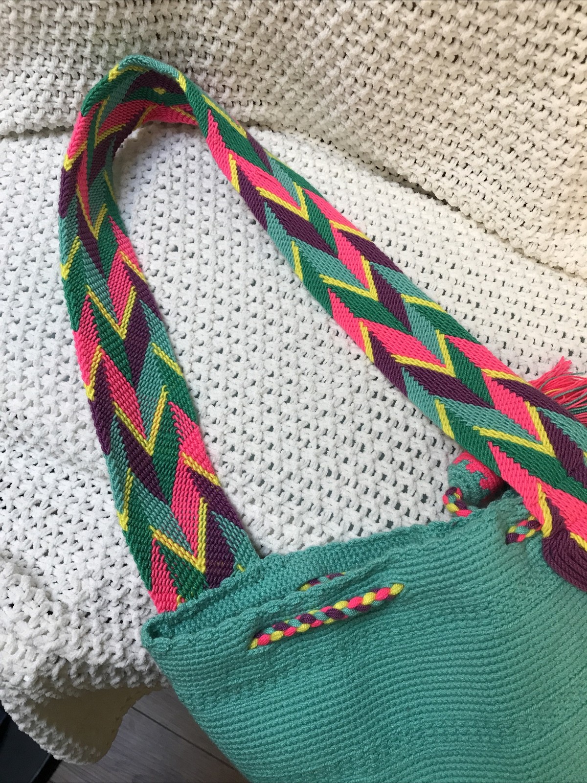 BOHO OVER THE SHOULDER CROSS BODY PURSE BAG CROCHET/KNIT TURQUOISE WITH TASSELS