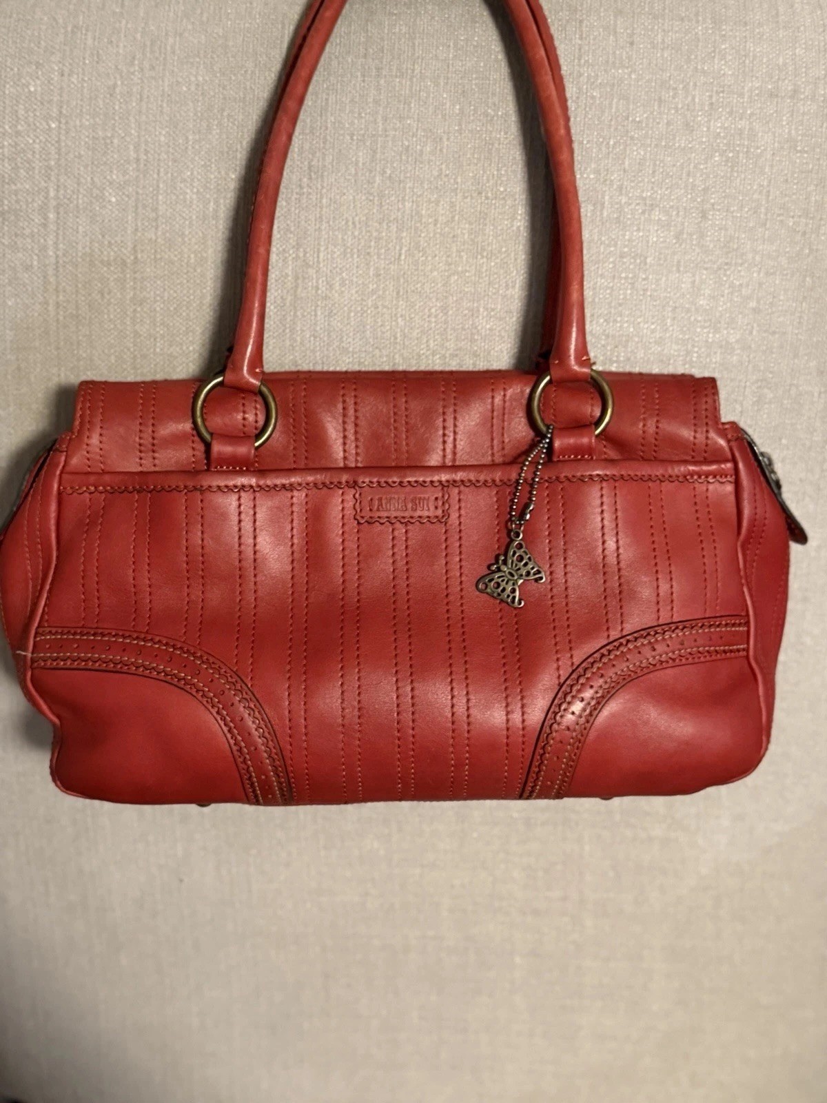 Anna Sui Red Leather Satchel Shoulder Bag Butterfly Charm Genuine Leather