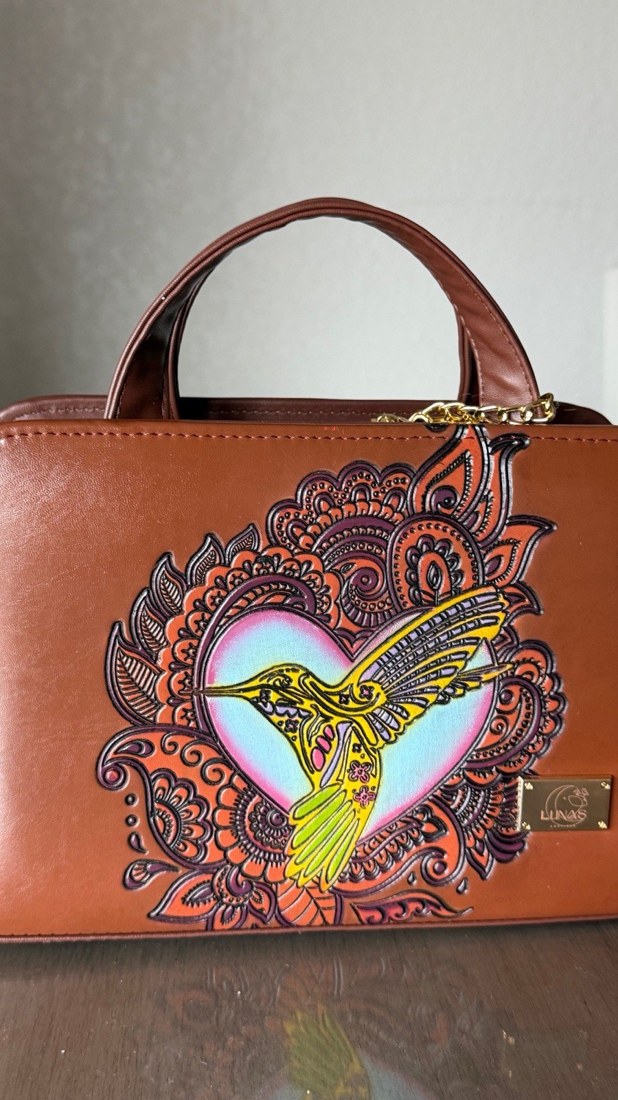 Lunas Women’s Brown Rectangle Crossbody Satchel Zip Bird Graphic Top Handle
