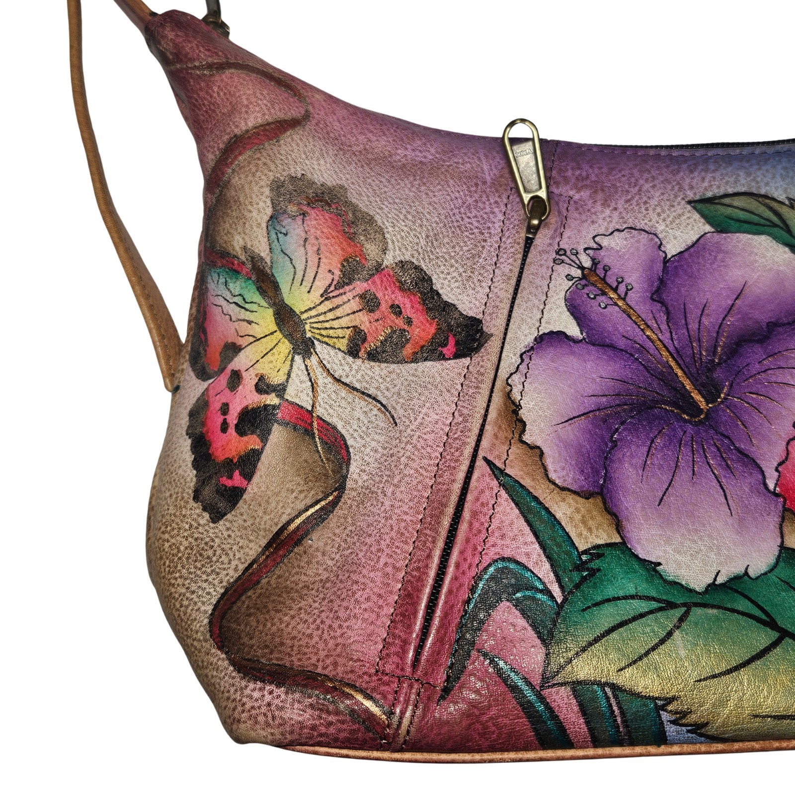 Anushka Hand Painted Leather Hobo Shoulder Bag Zip Pockets Floral Butterfly