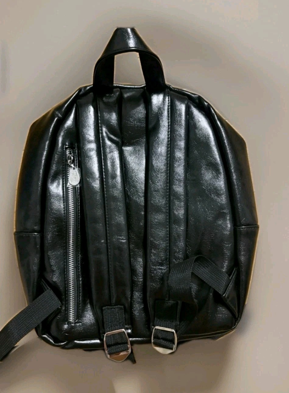 Younique Pleather Faux Leather Backpack Black Silver Zipper NEW