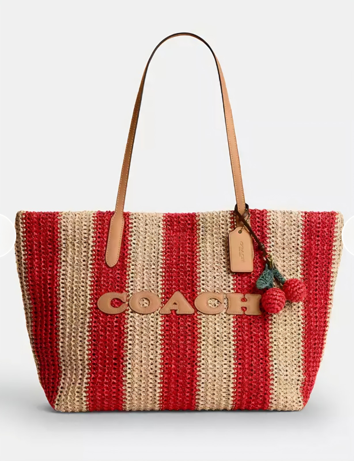 NWT Coach City Tote Bag Straw with Stripes and Charm Gold Tan Red CER30 Handbag
