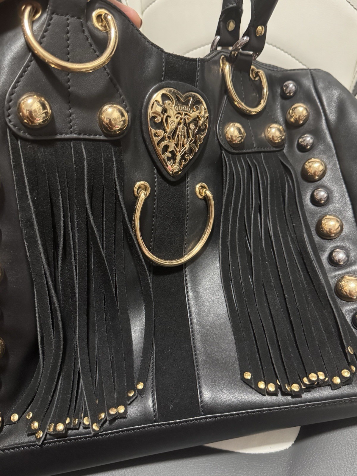 Gucci Black Drawstring Satchel Top Handle Bag Fringe Studded Gold-Tone