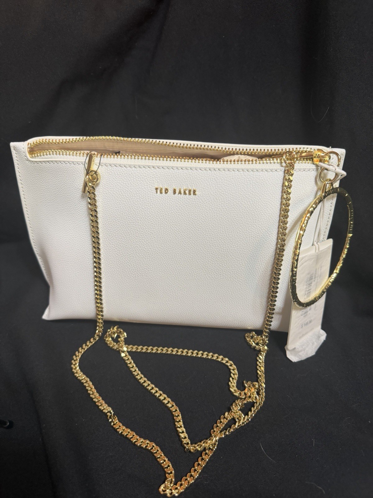 Ted Baker Ivory Pebbled Zip Pouch Crossbody Bag Gold Chain Strap w/ Dust Bag