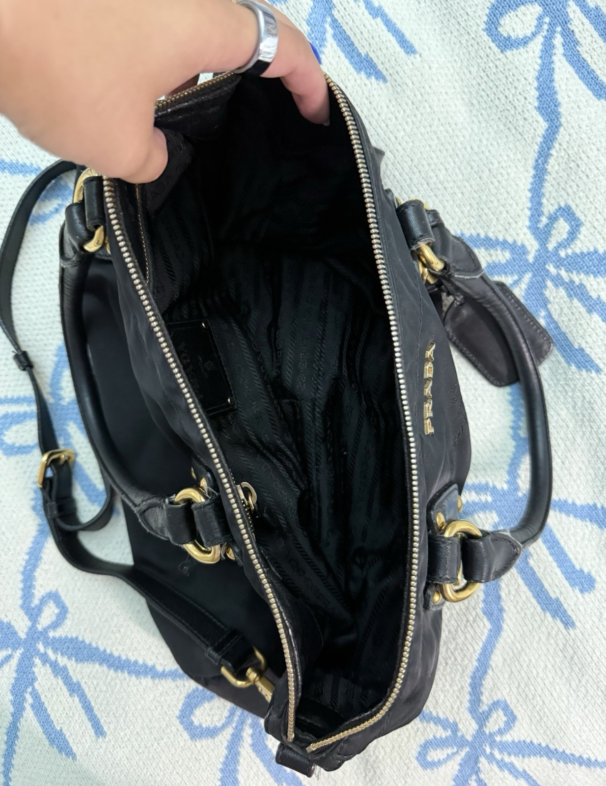 PRADA Black Tessuto Satchel Top Handle Crossbody Bag Zip Gold Hardware