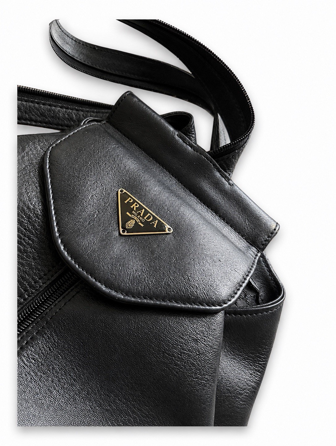PRADA Black Backpack Gold Triangle Logo Plaque Magnetic Closure Adjustable