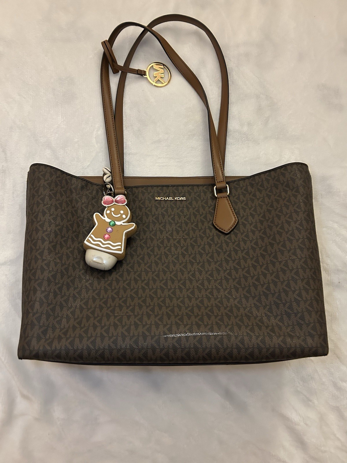 Michael Kors Brown MK Monogram Large Zip Top Tote w/ Bag Charm, Inner Pockets