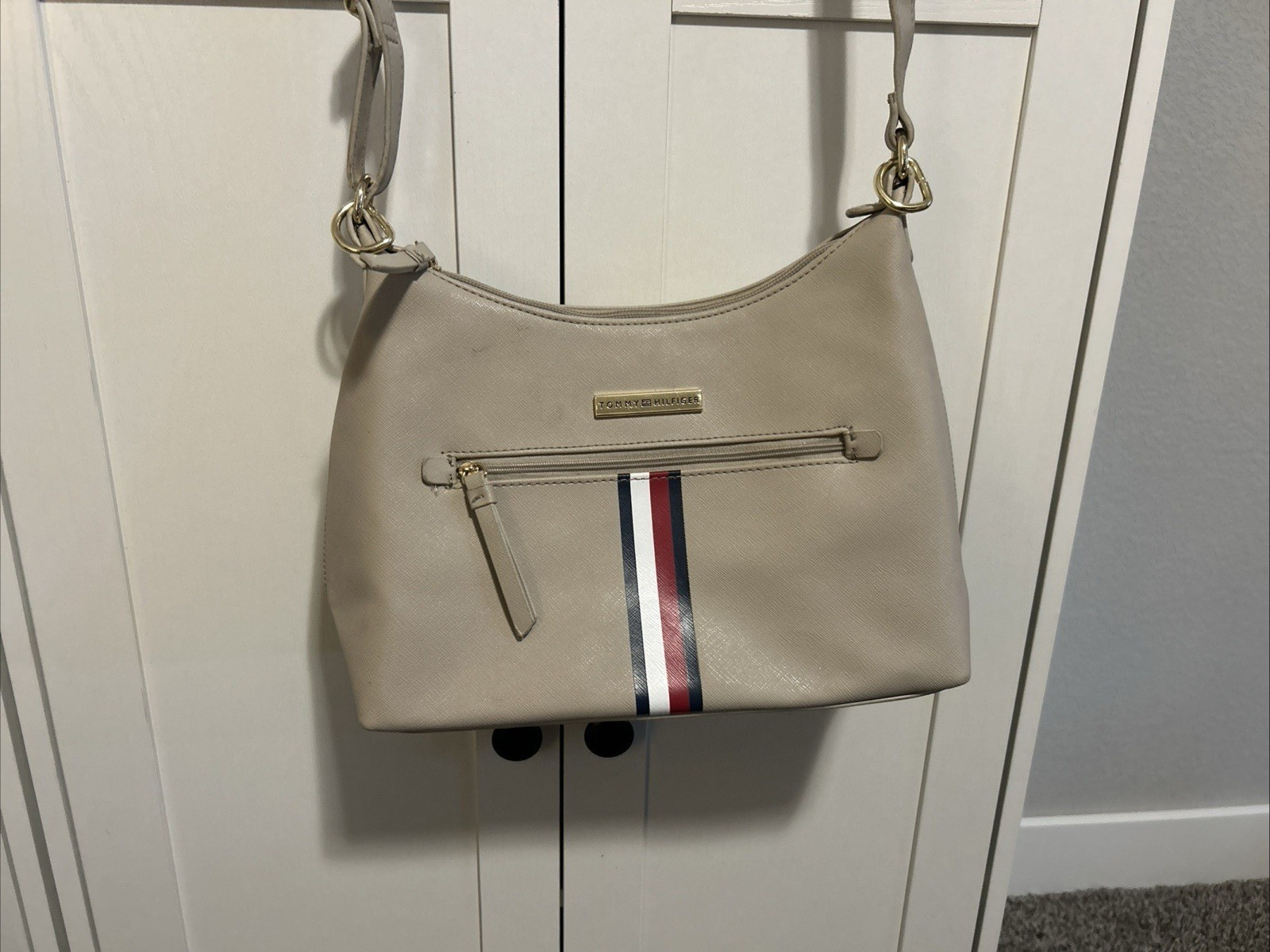Tommy Hilfiger Shoulder Bag Beige Red White Blue Stripe Gold Hardware Zip