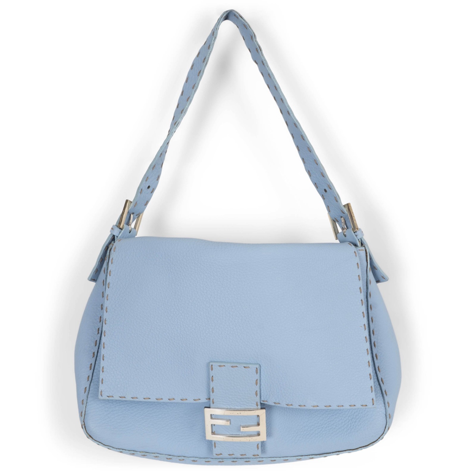 74070 auth FENDI Celeste blue Roma leather SELLERIA MAMA BAGUETTE Bag