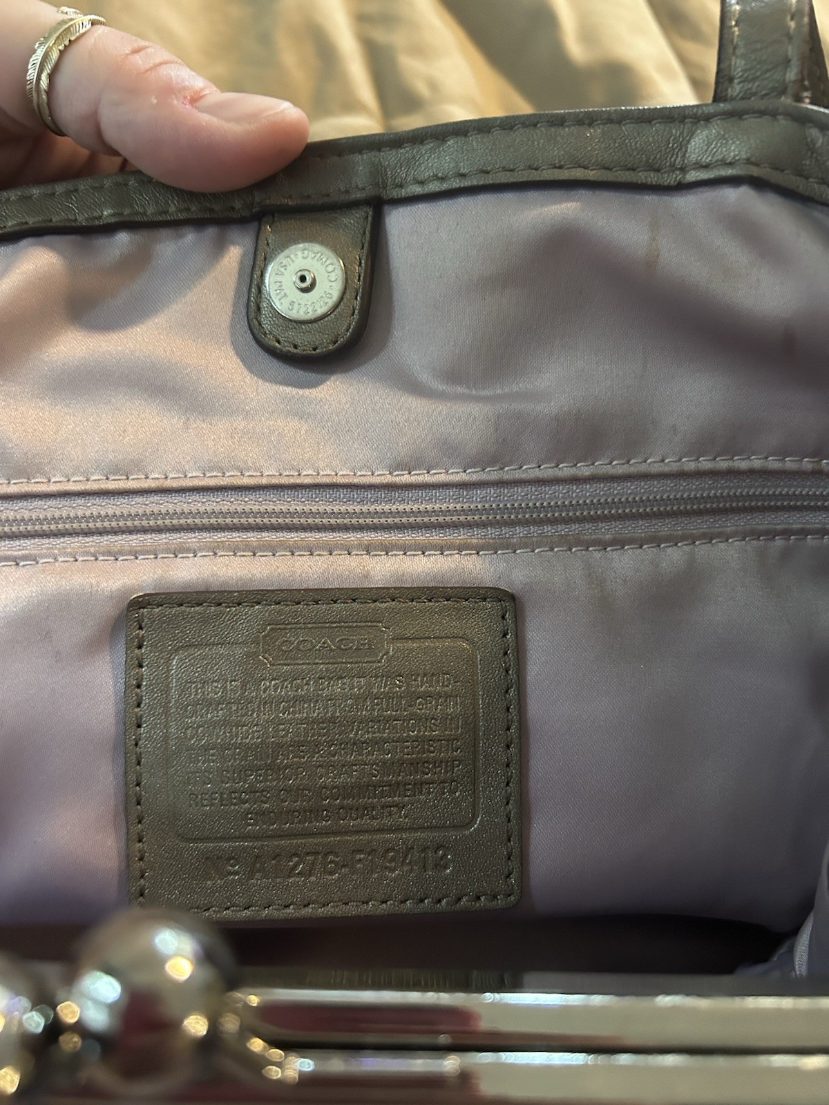 Coach Gray Large Satchel Top Handle Logo Stitch Kiss Lock Magnetic Bag Charm
