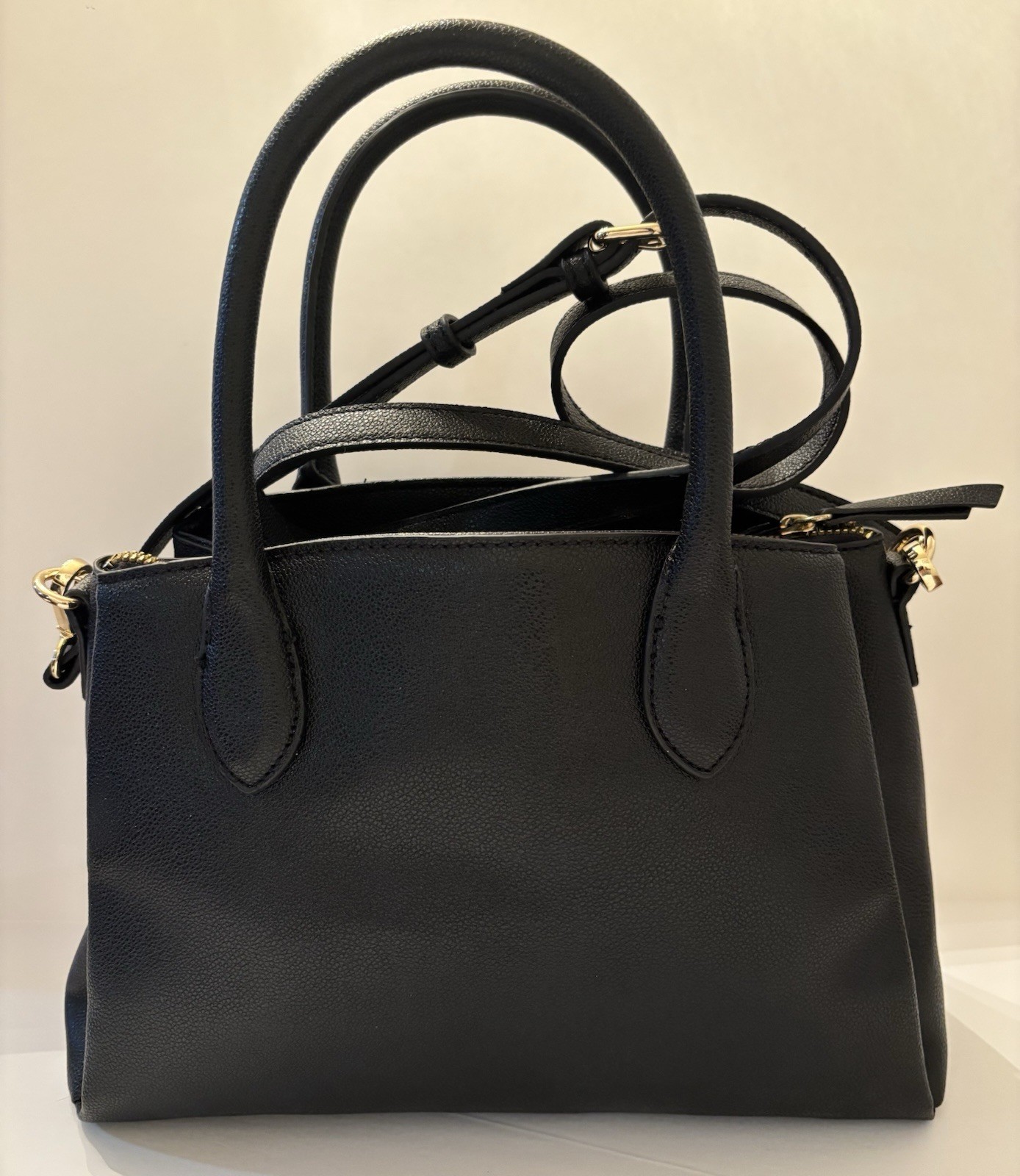 Nine West Black Pebbled Satchel Top Handle Bag, Detachable Crossbody, Zip, Gold