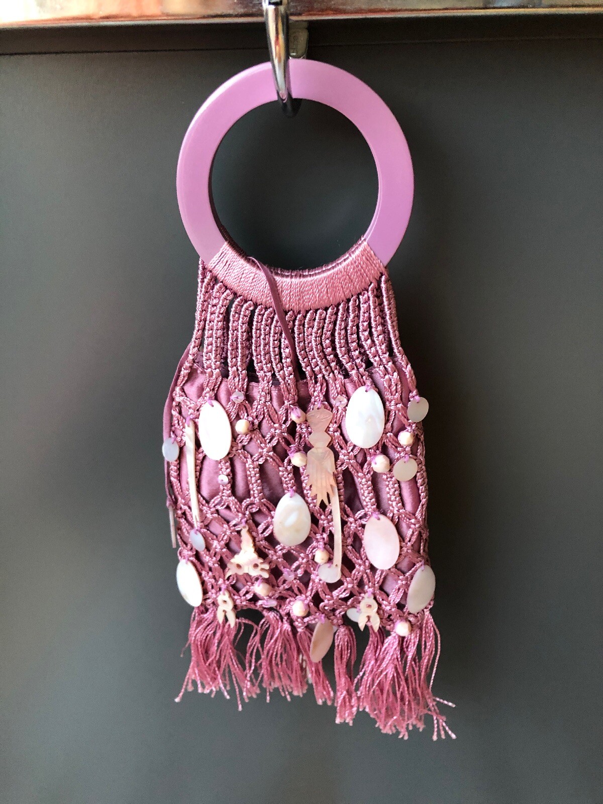 Samantha Heskia Flapper Style Pink Macrame Evening Bag w/ Mother of Pearl Charms